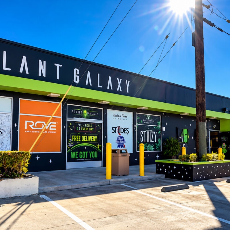 Plant Galaxy storefront in Riverside with black signage and bright green trim on a sunny day.