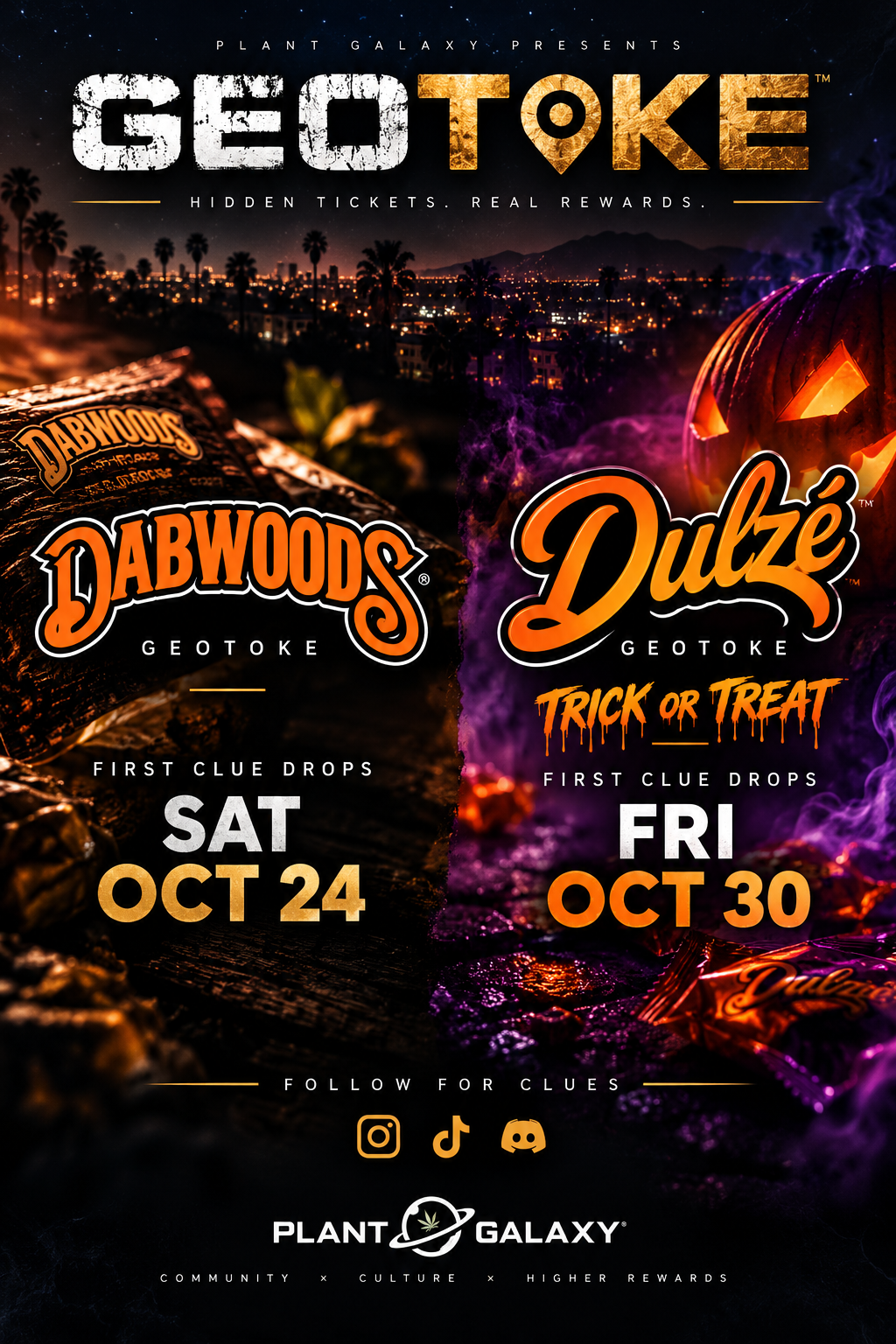Halloween GeoToke flyer announcing Dabwoods clues on October 24 and Dulzé clues on October 30.