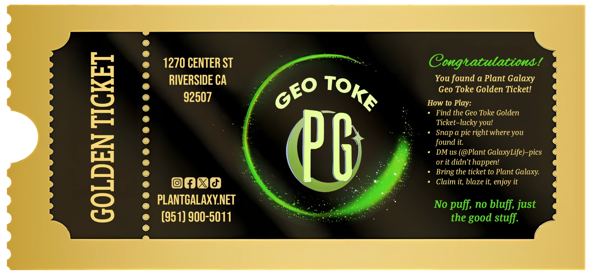 Plant Galaxy GeoToke golden ticket artwork with the PG logo and instructions for contacting the store after a find.