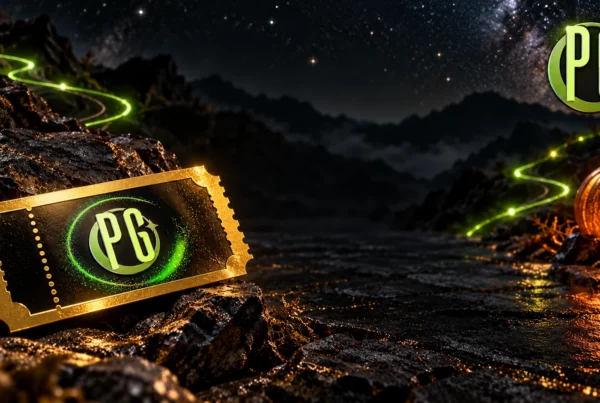 Plant Galaxy PG logo and a branded golden ticket beside a glowing pumpkin and green route lights.