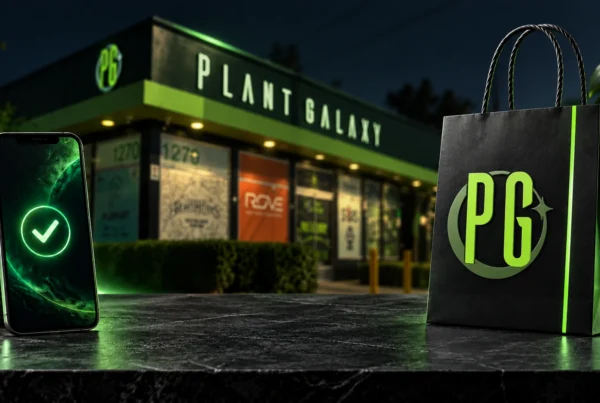 A PG shopping bag and phone checkmark in front of an illustrated Plant Galaxy storefront.