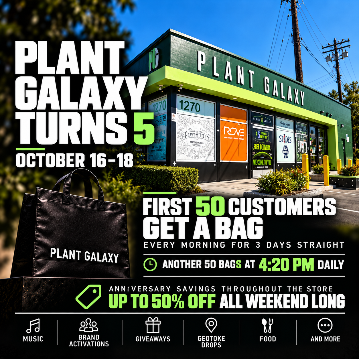 Plant Galaxy fifth birthday flyer showing the storefront, October 16–18 dates, and anniversary bag giveaways.